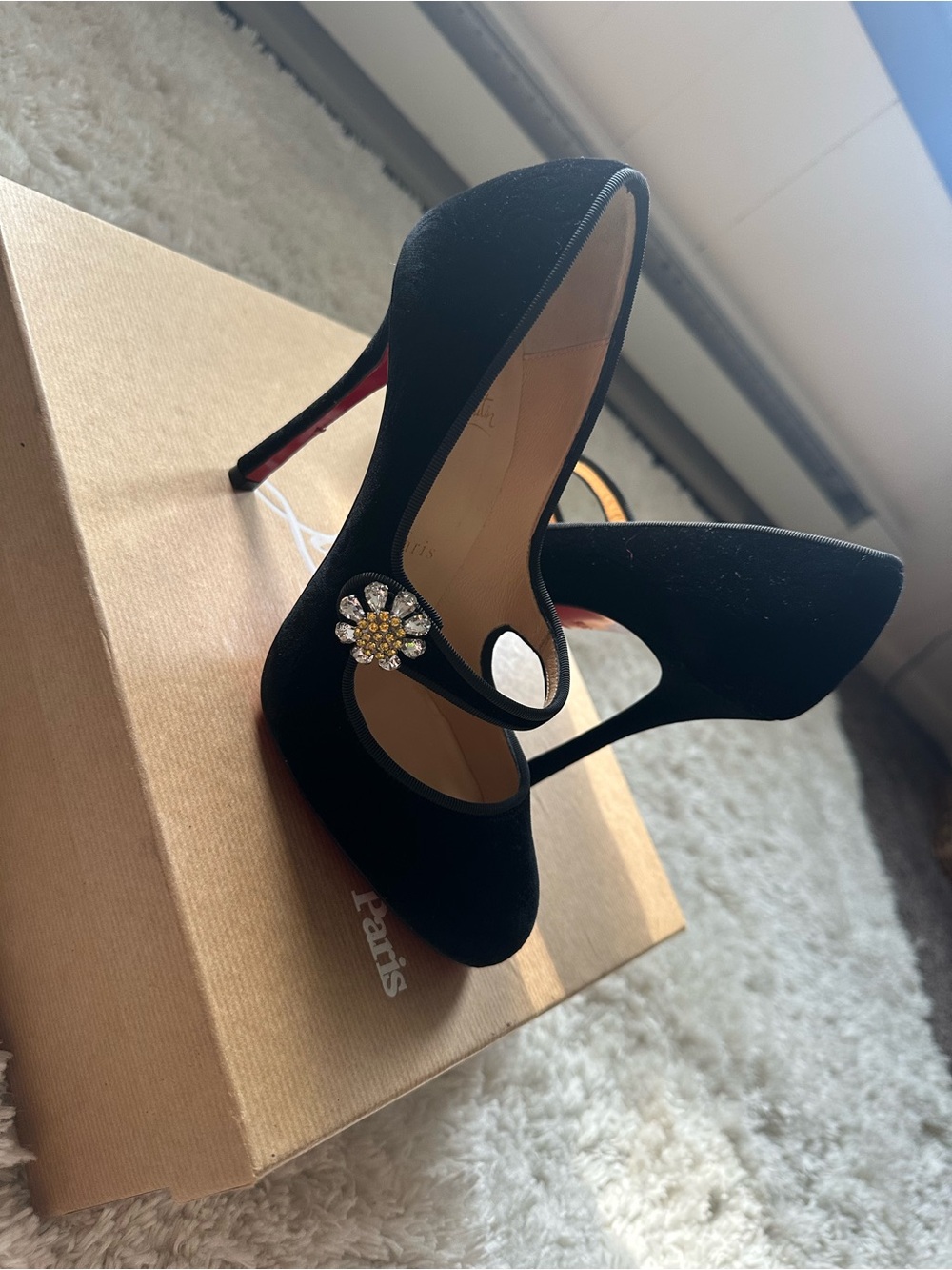 Christian Louboutin Black Velvet Mary Jane Pumps with Crystal Flower